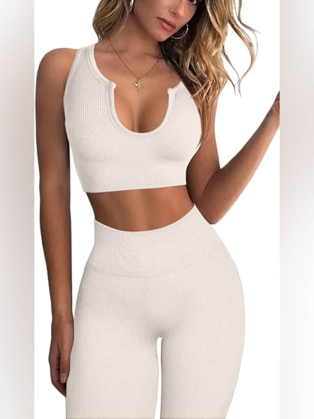 2 Piece Workout Tank Top High Waist Leggings Set, seamless in Beige